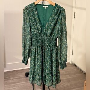 Green Floral Smocked Sleeve Dress